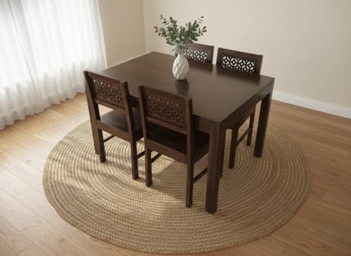 Image of RECTART Solid Wood Dining Table Set with Chairs for Living Room Home | Wooden Dining Room Sets Furniture for Hotels and Restaurants | (CNC-Top-W, 4 Seater)