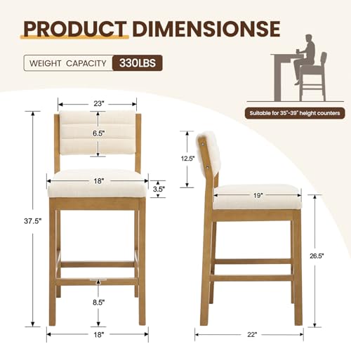 Image of CIMOTA 26 inch H Counter Height Bar Stool, Wooden Bar Stool with Backrest, Linen Upholstered Kitchen Island Stools, 330LBS Load Bar Chair for Kitchen, Cafe, Restaurant