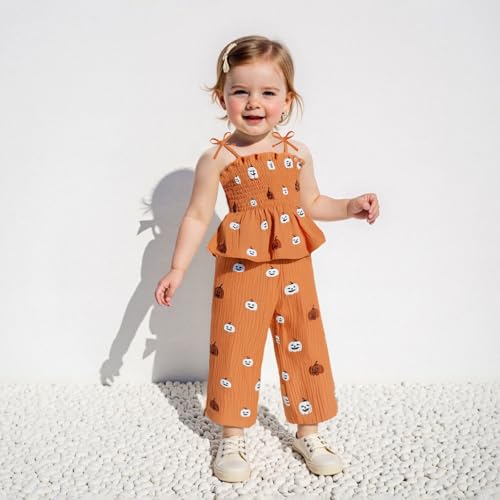 Toddler Baby Girl Halloween Outfits 2 Pcs Set Pumpkin Smocked Tie-up Spaghetti Camisole And Linen Pants3