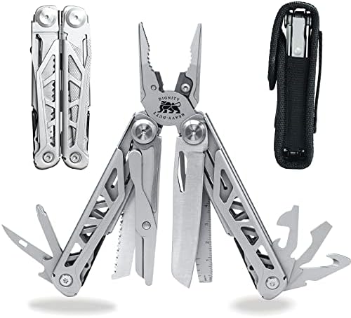 Folding Multitool Plier with Tungsten Steel Wire Cutter,Cool Gadget Gift for Men Dad Husband,with Sheath for Survival,Camping, Exploring by DIGNITY LION(Silver)