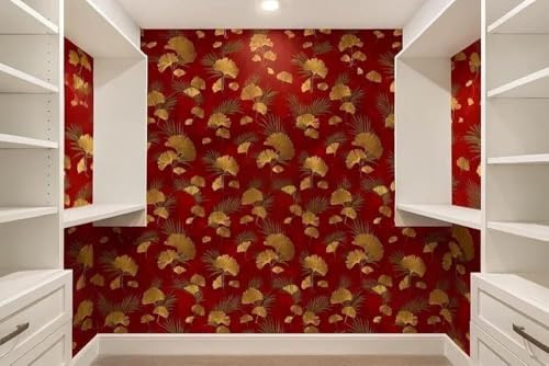 Image of Wallpaper for Walls | Vertical Wood Wall Stickers for Wall Decor | Self Adhersive Wall Paper for Home Kitchen Living Room and Bedroom | 45 Cm X 500 Cm (Red & Gold Botanical Elegance)