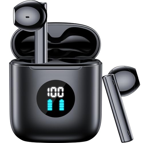 BOLOXA Wireless Earbuds Bluetooth Headphones 90Hrs Playtime Ear Buds with LED Power Display Charging Case Microphone Stereo Audio Headset IPX7 Waterproof Sports Earphones for iOS Android Laptop Black