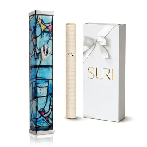 Image of SURI Mezuzah with Scroll for Door | 6 Inch Modern Aluminum Mezuzah Case | Fits 5 Inch Scroll | Gold & Silver Chagall-Inspired Design | Self Adhesive Easy Install | Judaica Jewish Gift