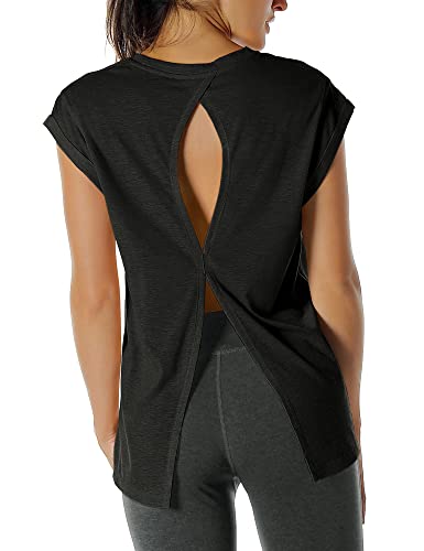 icyzone Camiseta de Fitness de Manga Corta de Espalda de Suelta Cuello Redondo Transpirable Abierta para Mujer -M-