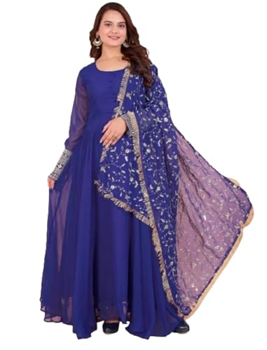 Image of ROYALICA Women's Georgette Gown Set with Solid Pattern Floor Length Round Neck Fit & Flare Full Sleeves Gown Pant and Embroidery Work Dupatta | Anarkali Gown Set for Women