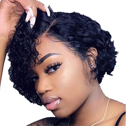 Human Hair Wig,Short Afro Kinky Curly Wig Lace Front Brazilian Hair Wavy Wig, African American Women Black Natural Hairpiece Heat Resistant for Daily Dress Cosplay Party Cover