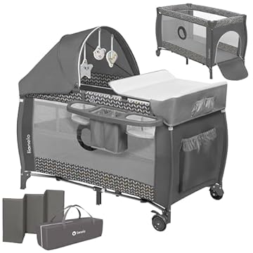 LIONELO Lettino da Viaggio SVEN con Materasso, Dalla nascita fino a 36 mesi, Lettino pieghevole con Fasciatoio, Baldacchino, Giocattoli Pendenti Ingresso laterale aggiuntivo LockGuard, Route con frene