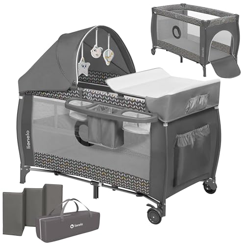 Lionelo Sven Plus 2 in 1 Baby Bett Laufstall Baby ab Geburt bis 15 kg Wickelauflage Moskitonetz luftige Seitenwände mit Seiteneingang Tragetasche zusammenklappbar (Grey Scandi)