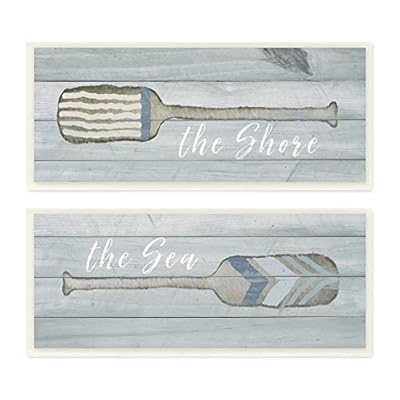 Stupell Industries Shore and Sea Oars Beach Ocean Coast Textured Wood Painting Wall Plaque, 2pc, Each 7 x 17, Multi… 41KNVHPPZEL. SS400