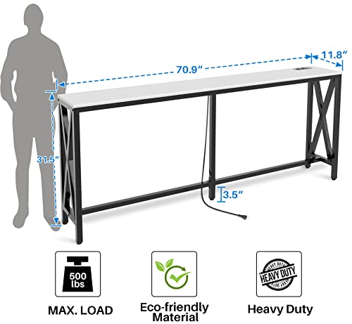 Image of Aquzee Console Table with 2 Power Outlet and 2 USB Ports, 70.9 inch x 11.8 inch x 31.5 inch Steel Frame Narrow Behind Couch Sofa Table, Extra Long White Entryway Table