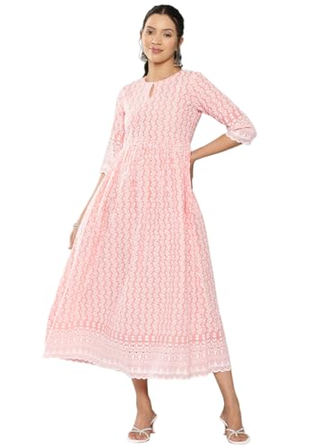 Image of Libas Womens Embroidered Cotton Fit and Flare Dress for Women