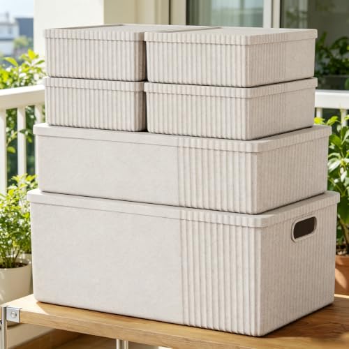 Image of Decorative Storage Bins with Lids, Set of 6, 3 Size Baskets, Ivory