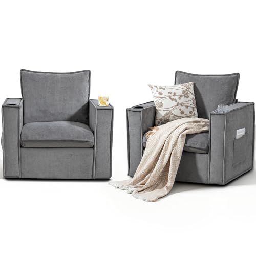 Image of 32 inch Wide Swivel Accent Chair Set of 2 with Cup Holders, Grey | Comfy Armchair, Side Pockets, Modern Chenille Sofa Couch, Living Room, Bedroom, Corner