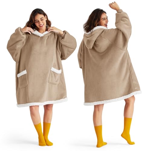 Bedsure Blanket Hoodie, Wearable Blanket for Adults & Kids as Gifts for Women Men, Birthday Gifts for Women Mom Girl Sherpa Oversized Hoodie, Gold Brown, Standard