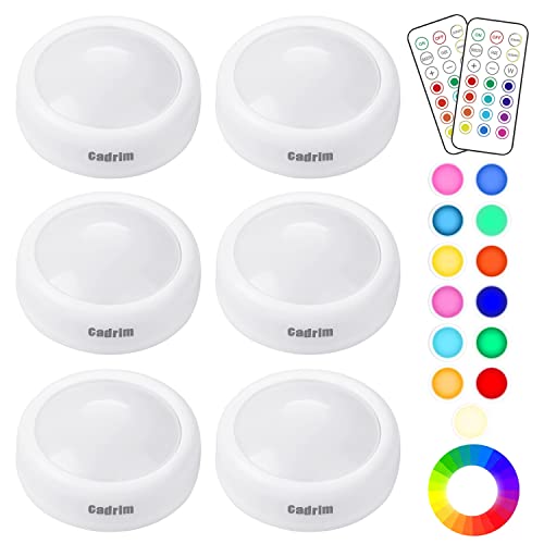 Luces para Gabinetes LED,Cadrim 6 Packs Luces Nocturnas LED Inalámbricas con 2 Remoto,13 Colores Brillo Ajustable Alimentado por 3 Pilas AA (no Incluido) para Iluminación de Armarios etc