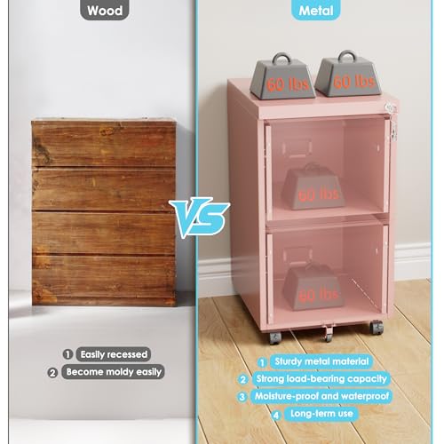 Image of Aobabo Pink 2 Drawer Metal File Cabinet with Lock and 5 Wheels | Rolling under-desk cabinet for Letter and Legal files; 5 casters, lock, steel construction, and required assembly.