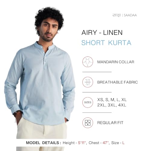 Image of SAADAA Men's Short Kurta - Linen Cotton Blend, Airy Fabric, Regular Fit, Mandarin Collar, Solid Color - Casual, Festive & Ethnic Wear