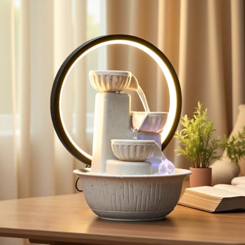 Image of 3-Tier Tabletop Water Fountain with Warm Ambient Light, Cascading Bowl Design, Compact Indoor Desk Decor, 8.3x6.3 inch Indoor Calming Cascading Waterfall Fountain（Cream） (Cream Light Ring)