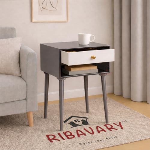 Image of Modern Bedside Table Nightstand with Solid Wood Legs, Practical End Side Table with Drawer Storage for Small Spaces Wooden Bedside Table, Coffee Table, Living Room /Bedroom (Grey-White)