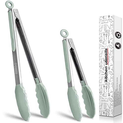 EEKEDO-Kitchen-Tongs-Stainless-Steel-Silicone-Tongs-for-Cooking-600oF-High-Heat-Resistant-BBQ-Grilling-Locking-Tongs-Set-of-2-9-and-12-Light-Green