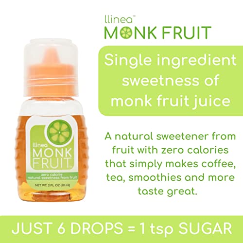 llinea Monk Fruit - 100% Monk Fruit, Sweetens Coffee, Tea, Smoothie & More, Zero-Calorie, Zero-Carbs, Gluten-Free, Non-GMO, No Erythritol, Approx. 400 Servings - 2 Fl Ounces per Bottle, 2 Pack