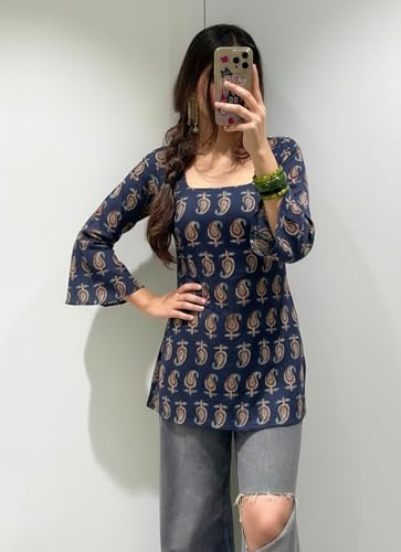 Image of ANNI Designer Women's Viscose Blend Printed Short Kurti | Straight Fit Casual Ethnic Top | Square Neck Full Sleeve Kurta Office College