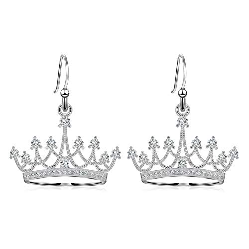 Sterling Silver Round Cubic Zirconia Crown Dangle Earrings for Women Queen Jewelry Mothers Day Gifts for Mom Valentines Christmas Birthday Jewelry Gifts for Wife Girlfriend
