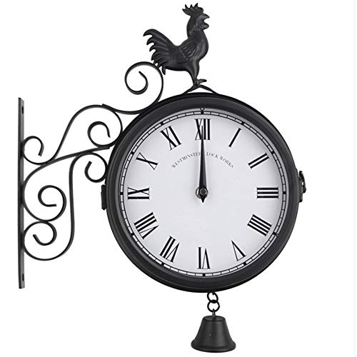 ZYEZI Vintage Double Sided Wall Clock, Cockerel Metal Garden Indoor Outdoor Hanging Decoration
