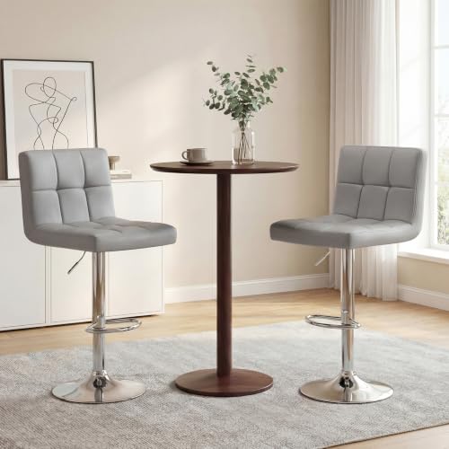 Image of DUMOS Bar Stools Set of 2, 24 inch Counter Height Bar Chairs, Upholstered Modern Kitchen Barstools with Metal Base, PU Leather Saddle Stools for Kitchen Island, Grey
