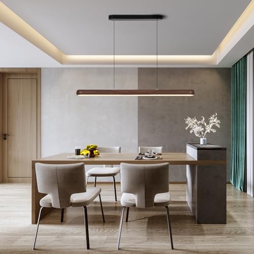 47" Wood Grain Pendant Lights Kitchen Island Lights LED Linear Hanging Light Modern Chandelier for Dining Room Table Dimmable with Remote Control & Memory Function Lighting Fixture by IYJOPE - Used condition - Image 8