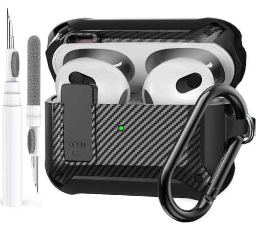 Image of Olytop for Airpods 3rd Gen Case with Lock 2021, Rugged Apple Airpods 3rd Generation Case Men Women, Armor Shockproof iPod 3rd Gen Case Protective Hard Shell with Carabiner&Cleaner kit, Black