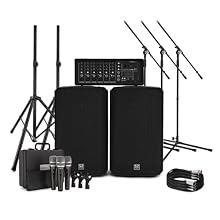 Comprehensive six channel PA with mics Includes two 12" speakers for full, clear audio coverage Sculpt your sound with delay FX on each channel & a 5-band master EQ Includes speaker stands, microphones, mic stands and XLR cables