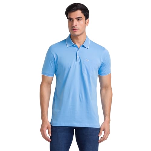 Image of Park Avenue Men Cotton Slim Fit Solid Pattern Polo Neck Casual T-Shirt