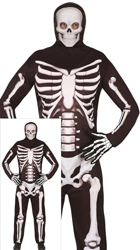 FIESTAS GUIRCA Disfraz de Esqueleto para Hombre - Mono Negro con Estampado de Esqueleto y Capucha - Disfraces de Halloween para Hombre Adulto Talla M