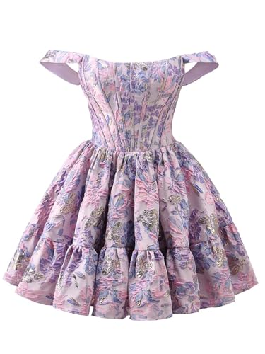 Short Homecoming Dresses for Teens Floral Print Satin Off The Shoulder A Line Prom Cocktail Dress