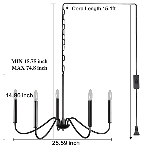 Image of Black Plug in Chandelier Light, 5 Lights Farmhouse Plug in Hanging Light