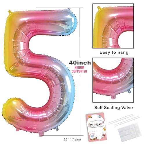 Image of 40 Inch Rainbow Gradient 5 Balloon for 5th Birthday Decorations