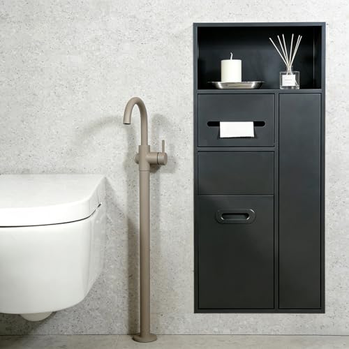Unterputz Toilettenpapierhalter Unterputz Wc Modul Toilettenpapierhalter Unterputz, mit Eingebaute Mülleimernische, Toilettenbürstenhalter, Mülleimer, für Badezimmer, Platzsparend(Black,86*40*14CM)