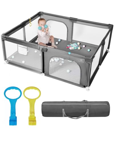 Baby Playpen Extra Large Baby Play Yard for Toddlers Indoor & Outdoor Safe Play Area with Anti-Slip Base Easy Assembly & Storage BPA-Free (150x180x66cm Grey)