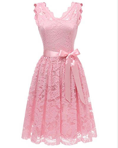 Homrain Robe Femme Vintage/Cocktail/Rockabily/soirée en Dentelle Col V sans Manches avec Une Ceinture Pink XL Cover