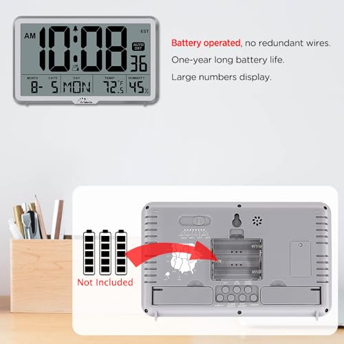 Image of WallarGe Auto Set Digital Wall Clock Battery Operated, Desk Clocks with Temperature, Humidity and Date