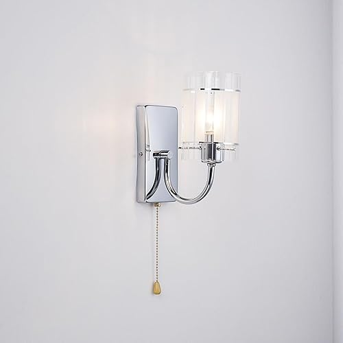 Miniatura 7 de Aplique de pared de vidrio transparente con interruptor de cadena de tracción, lámpara de tocador de baño cromada, cilíndrica, moderna, de mediados