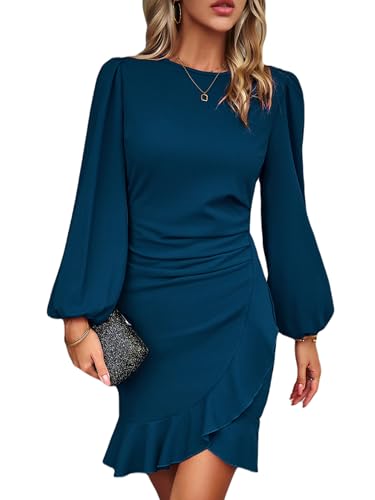 Image of Spicy Sandia Women Ruched Bodycon Cocktail Formal Mini Dress Elegant Ruffled Lantern Sleeve Business Work Banquet Tulip Dress