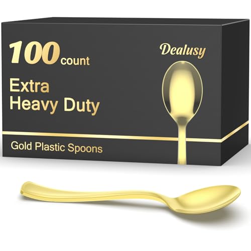 Dealusy 100 Count Heavy Duty Gold Plastic Spoons Disposable BPA-Free Heat Resistant Solid and Durable Premium Plastic Disposable Spoons for Party Supply