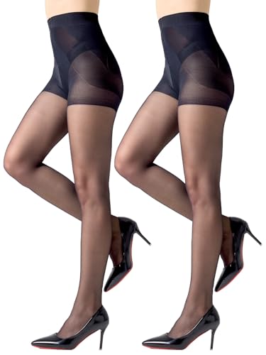Image of 2 Pairs Women's Control Top Pantyhose Shaping Sheer Tights Tummy Control Support Stockings 20 Denier Nylons
