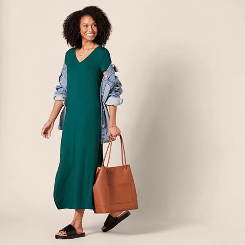 Image of Amazon Essentials Women's Regular Fit V-Neck Short Sleeve Midi Length T-Shirt Dress, Soft Viscose Stretch Jersey, Side Slits