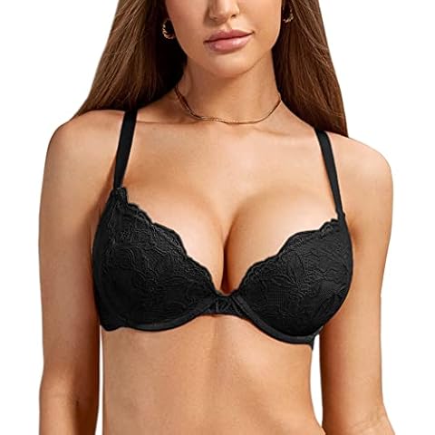 DOBREVA Women's Push Up Lace Bra Sexy Plunge Padded Underwire Support Bras Full Coverage Black 34D Cover