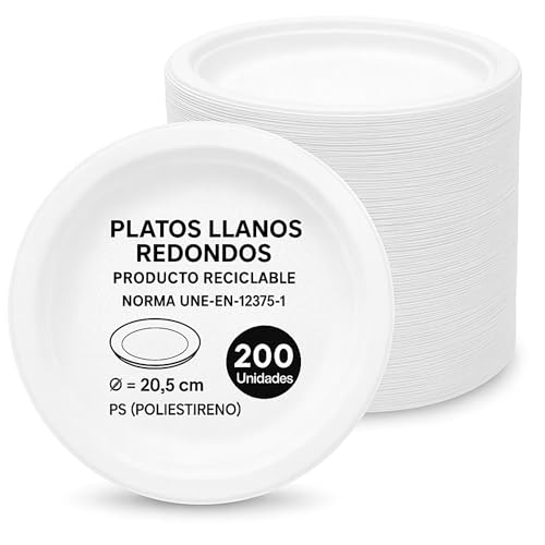 Platos de plástico blancos reutilizables, Plato de plástico llano redondo, apto para alimentos calientes, Platos extra resistentes, Norma UNE-EN-12875-1, Diseño llano diámetro 20.5 cm, 200 unidades