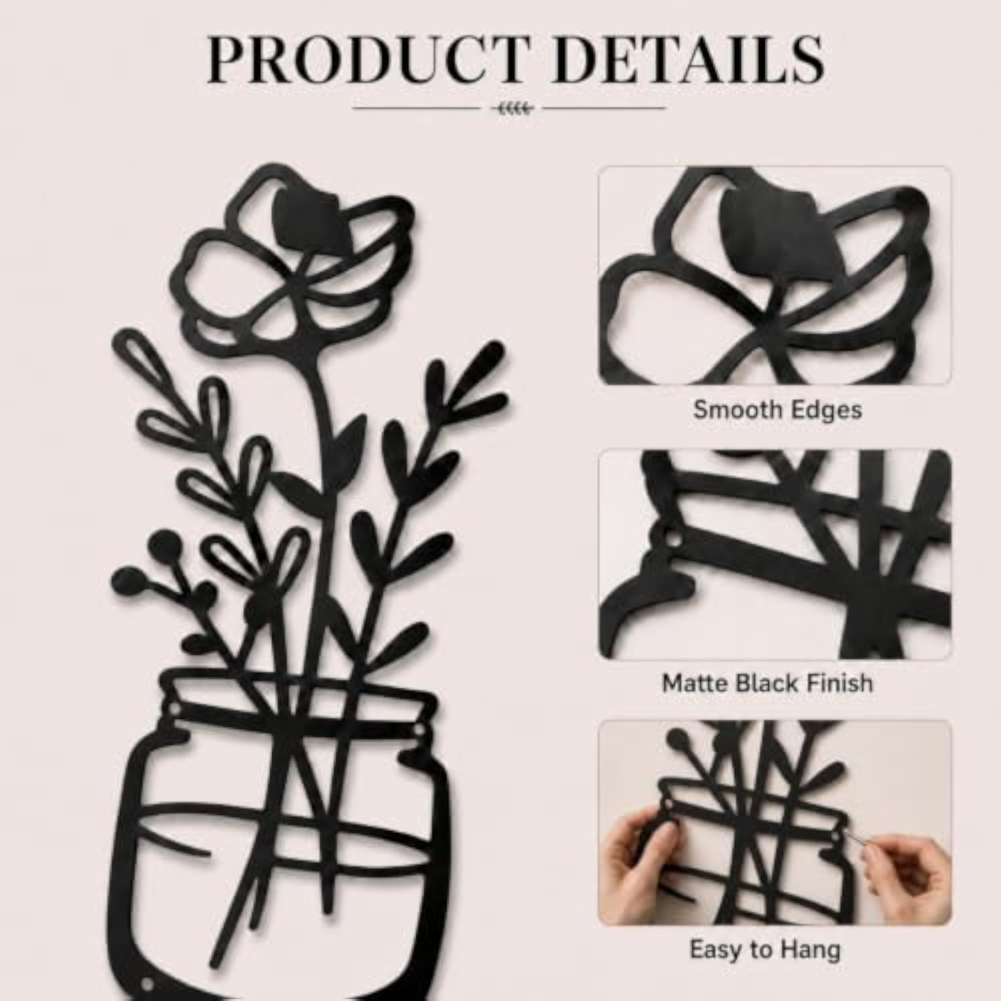 3 Pieces Black Metal Flowers Wall Decor