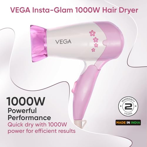 Vega Insta Glam Foldable 1000 Watts Hair Dryer with 2 Heat & Speed Settings, Detachable Nozzle, Overheat Cut-out, Quick Dry with 1000W, Hair Dryer for Women, VHDH-20, (Made in... - Image 3